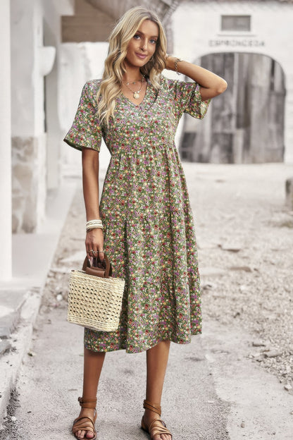Boho Floral Ruffle Hem V Neck Short Sleeve Dress - Tigbul's Variety Fashion Shop