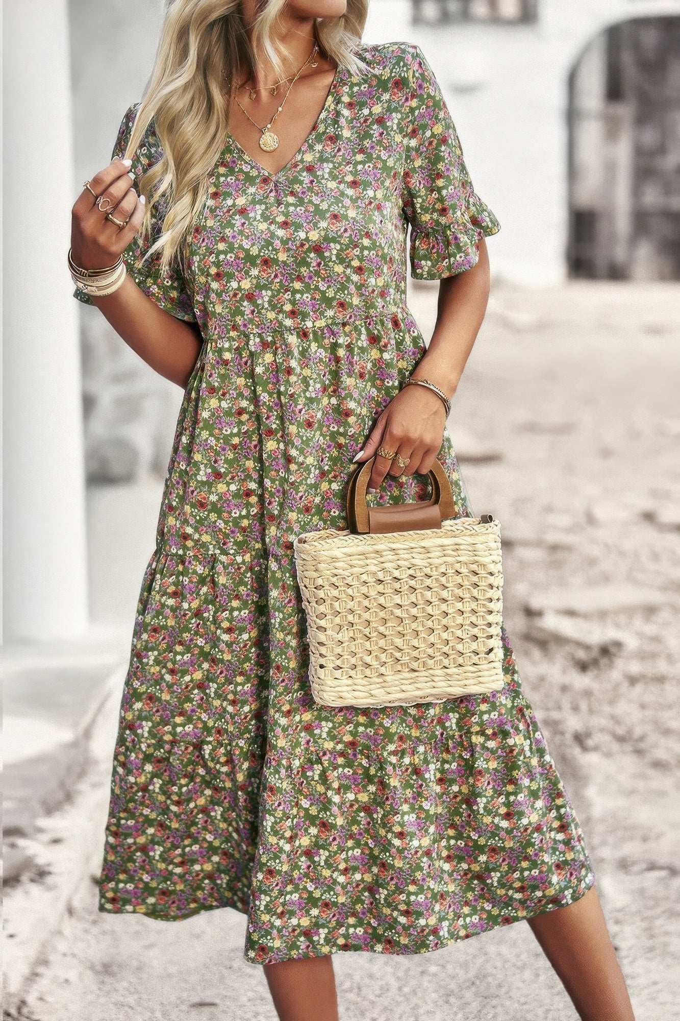 Boho Floral Ruffle Hem V Neck Short Sleeve Dress - Tigbul's Variety Fashion Shop