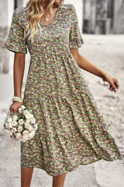 Boho Floral Ruffle Hem V Neck Short Sleeve Dress - Tigbul's Variety Fashion Shop