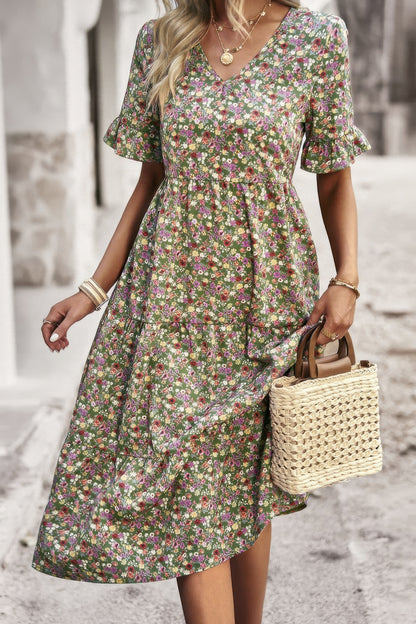 Boho Floral Ruffle Hem V Neck Short Sleeve Dress - Tigbul's Variety Fashion Shop