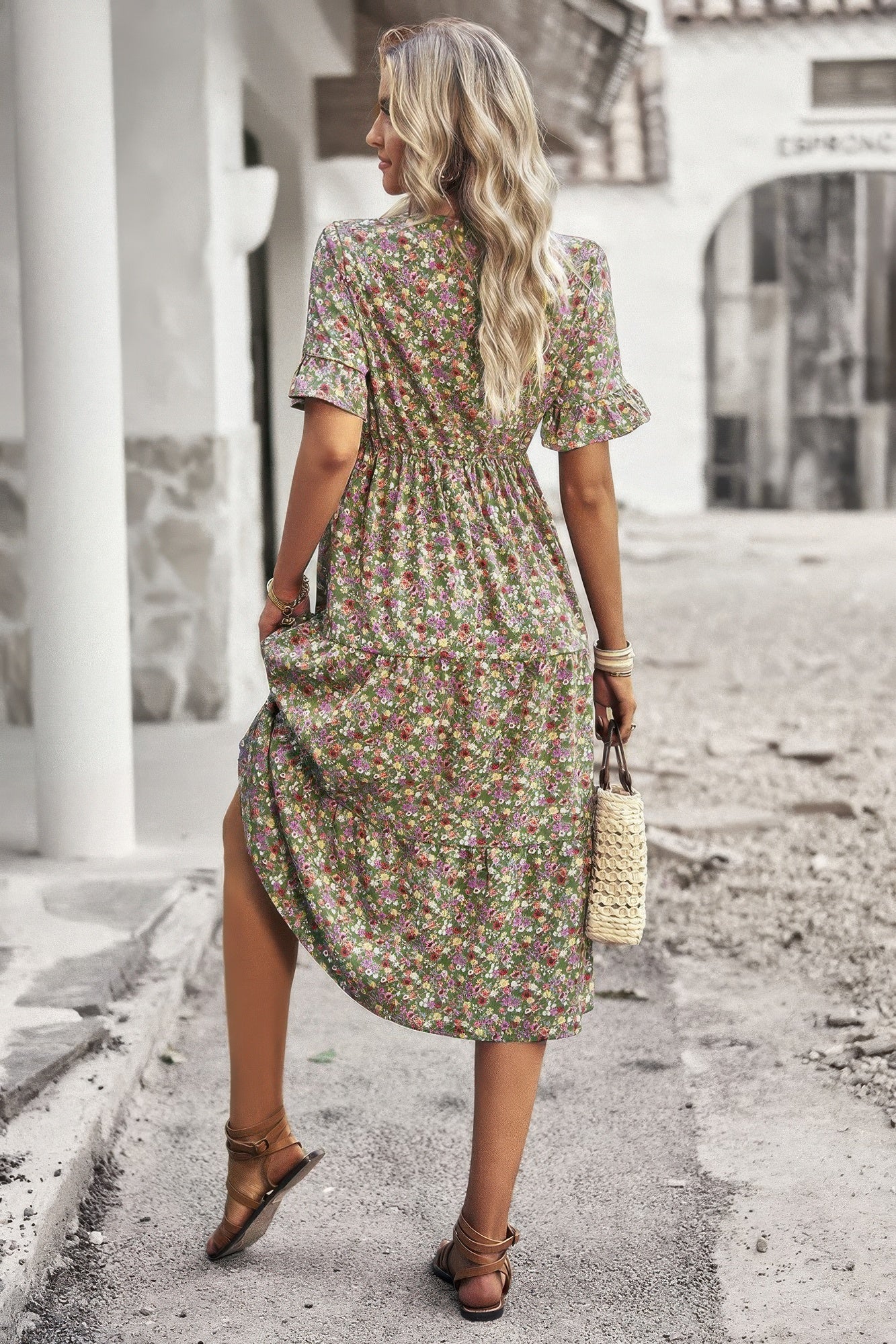 Boho Floral Ruffle Hem V Neck Short Sleeve Dress - Tigbul's Variety Fashion Shop