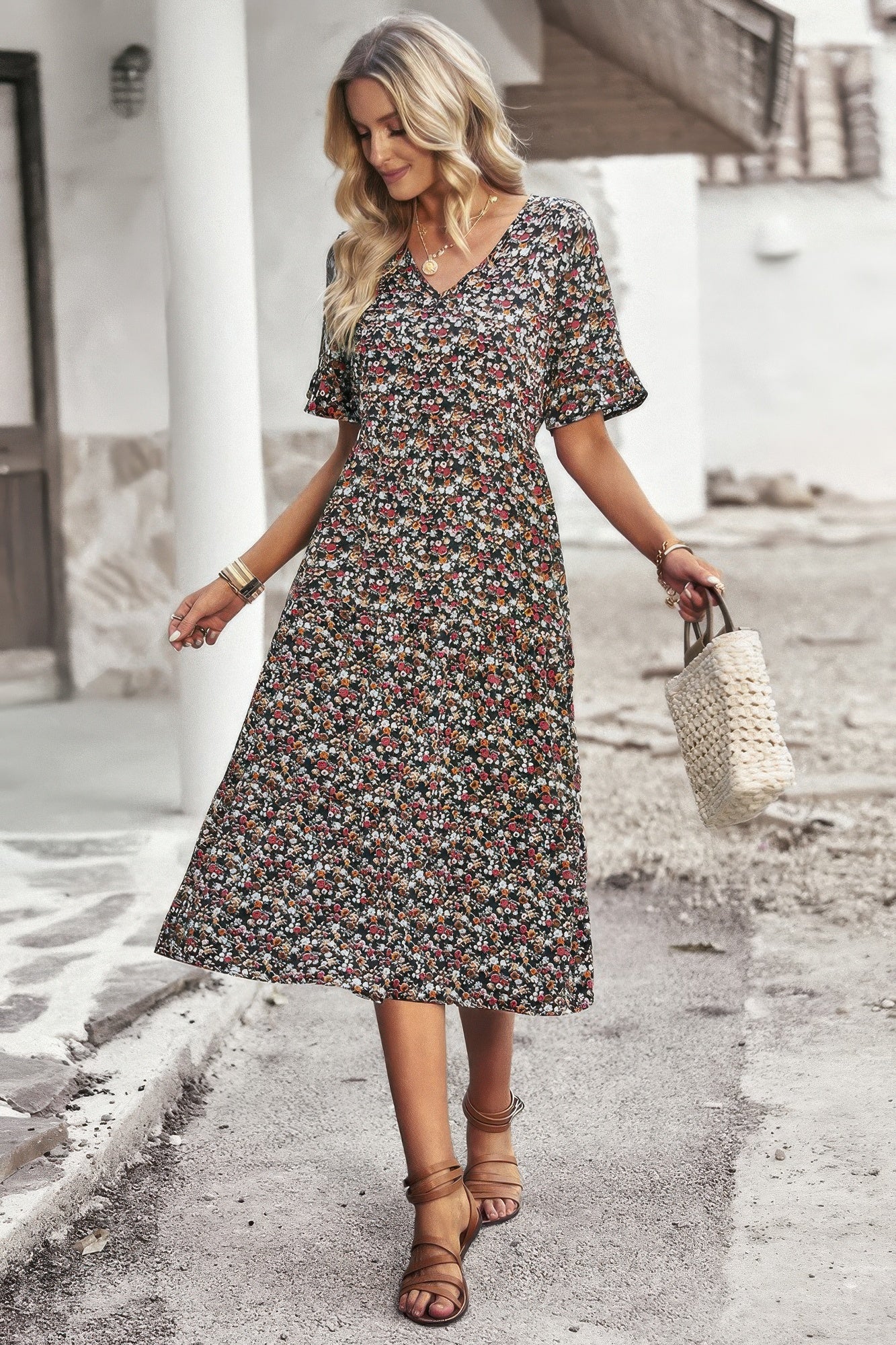 Boho Floral Ruffle Hem V Neck Short Sleeve Dress - Tigbul's Variety Fashion Shop