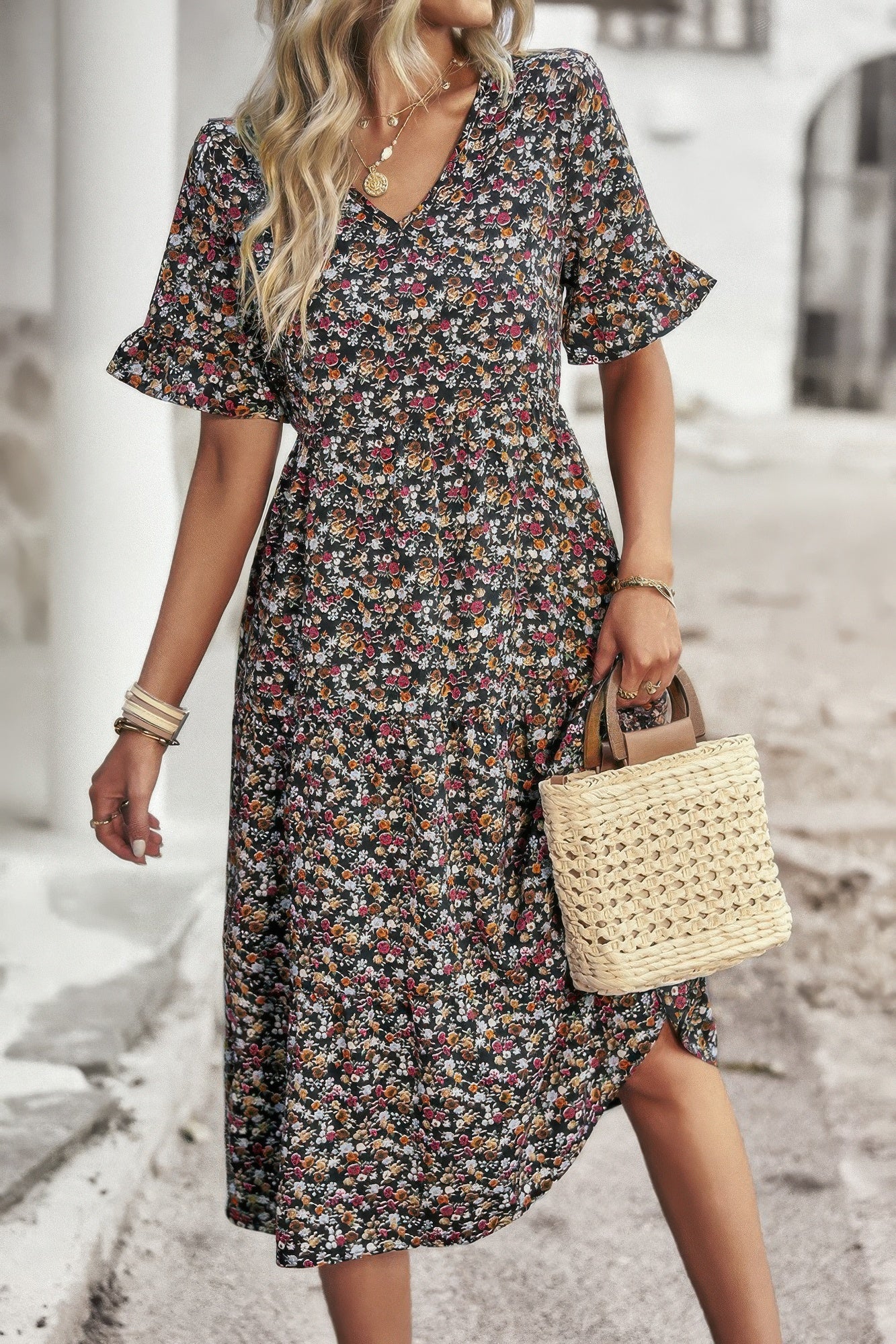 Boho Floral Ruffle Hem V Neck Short Sleeve Dress - Tigbul's Variety Fashion Shop