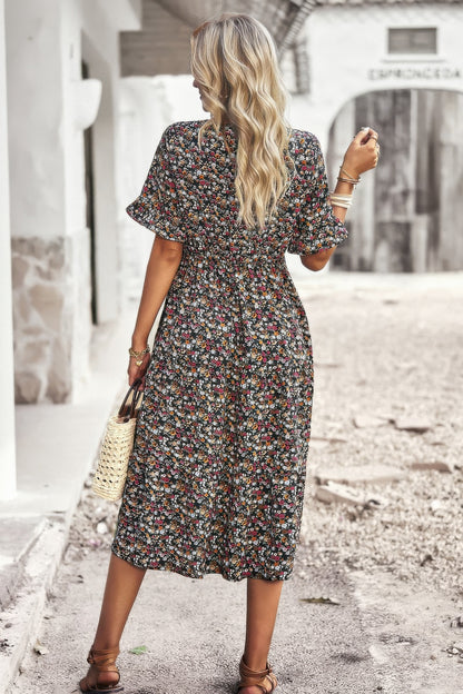 Boho Floral Ruffle Hem V Neck Short Sleeve Dress - Tigbul's Variety Fashion Shop