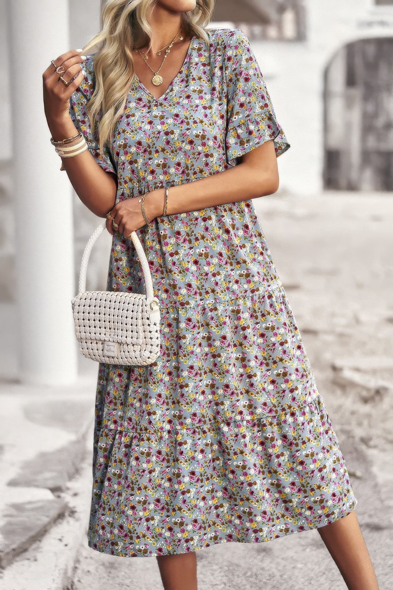 Boho Floral Ruffle Hem V Neck Short Sleeve Dress - Tigbul's Variety Fashion Shop