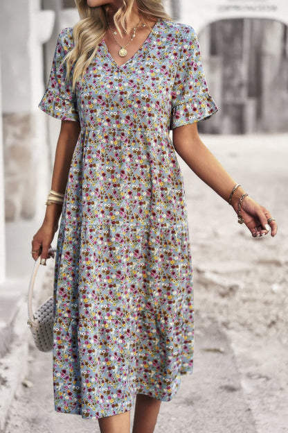 Boho Floral Ruffle Hem V Neck Short Sleeve Dress - Tigbul's Variety Fashion Shop