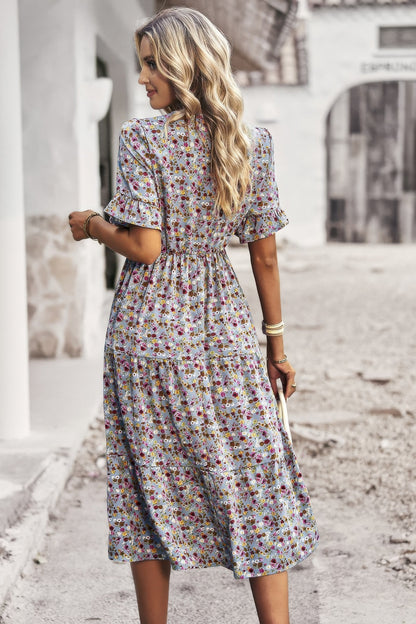 Boho Floral Ruffle Hem V Neck Short Sleeve Dress - Tigbul's Variety Fashion Shop
