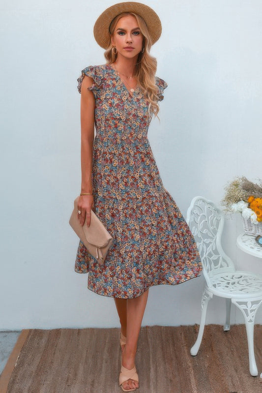 Boho Floral V Neck Ruffle Sleeve A Line Midi Dress - Tigbul's Variety Fashion Shop