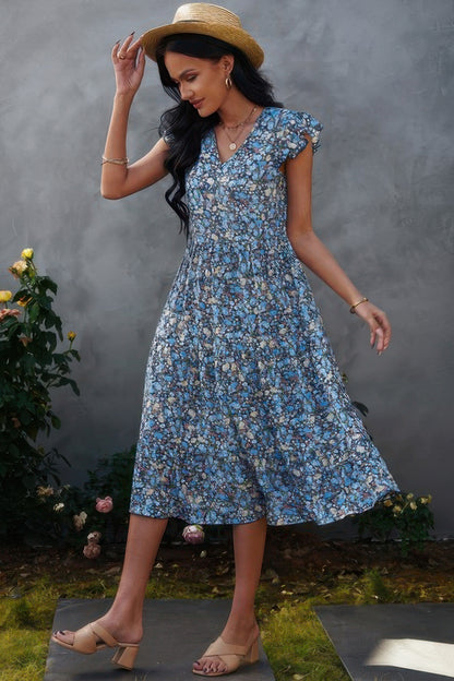 Boho Floral V Neck Ruffle Sleeve A Line Midi Dress - Tigbul's Variety Fashion Shop