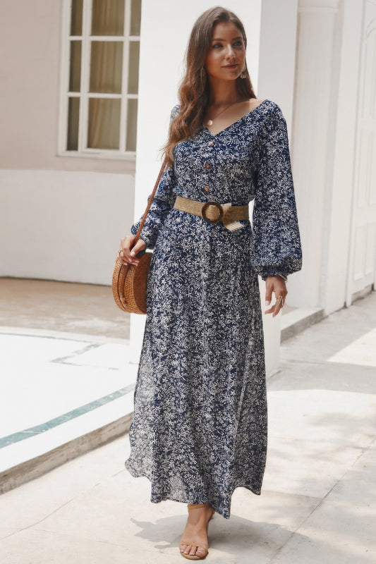 Floral V Neck Long Sleeve Full Dress - Tigbul's Variety Fashion Shop