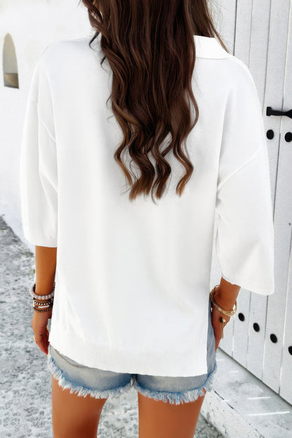 Solid Notched Collar V Neck Knit Short Sleeve Swea - Tigbul's Variety Fashion Shop