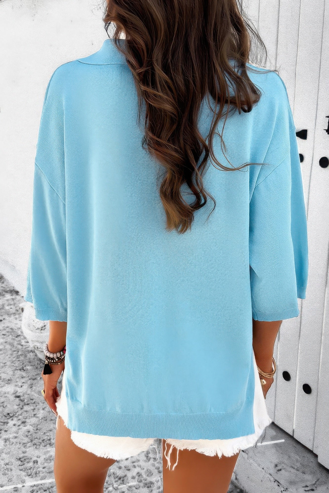 Solid Notched Collar V Neck Knit Short Sleeve Swea - Tigbul's Variety Fashion Shop