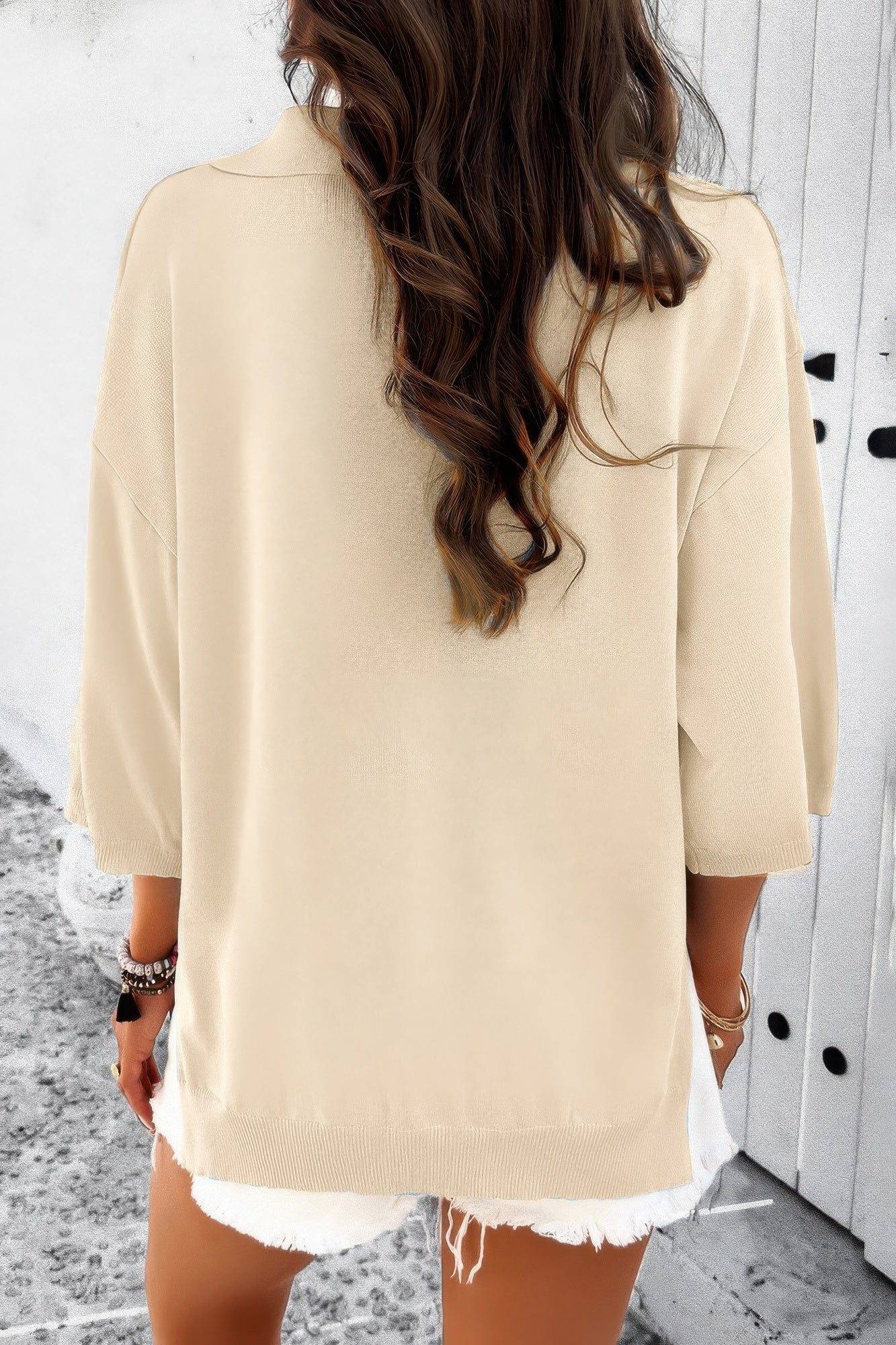 Solid Notched Collar V Neck Knit Short Sleeve Swea - Tigbul's Variety Fashion Shop
