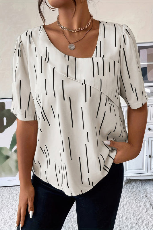 Printed Puff Sleeve Shirt With Line Pattern - Tigbul's Variety Fashion Shop