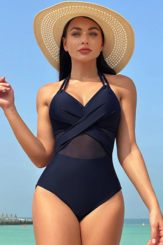 Color Block Halter Cross Lace One Piece Swimsuit - Tigbul's Variety Fashion Shop