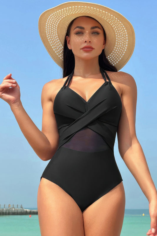 Color Block Halter Cross Lace One Piece Swimsuit - Tigbul's Variety Fashion Shop