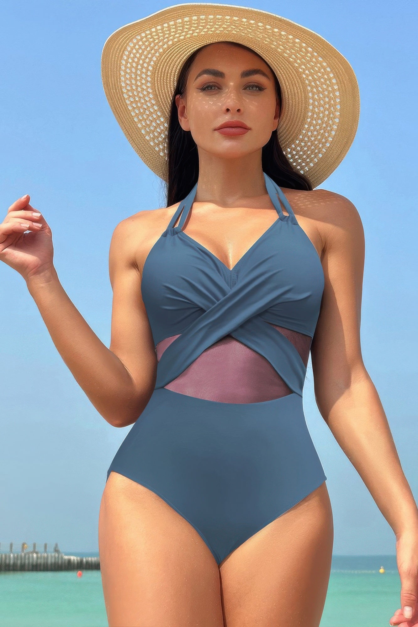 Color Block Halter Cross Lace One Piece Swimsuit - Tigbul's Variety Fashion Shop