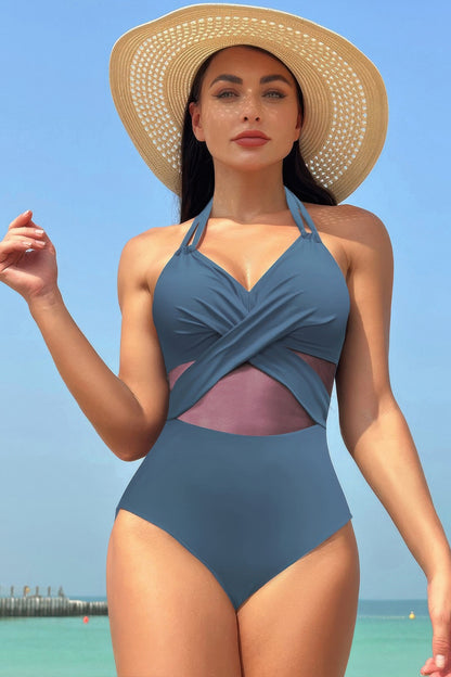 Color Block Halter Cross Lace One Piece Swimsuit - Tigbul's Variety Fashion Shop