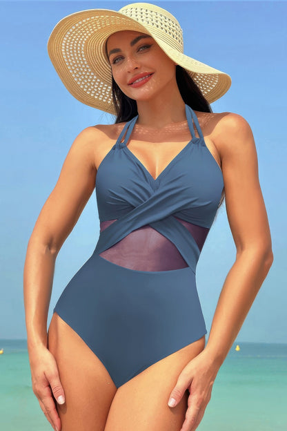 Color Block Halter Cross Lace One Piece Swimsuit - Tigbul's Variety Fashion Shop