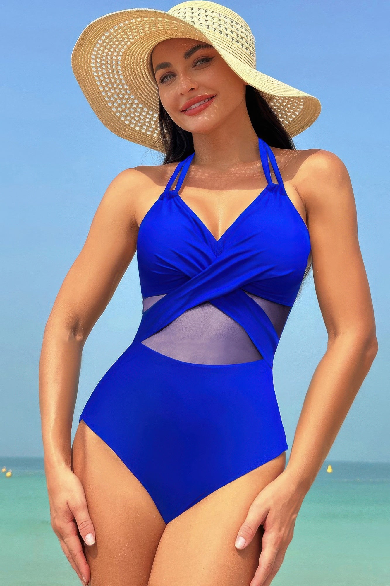 Color Block Halter Cross Lace One Piece Swimsuit - Tigbul's Variety Fashion Shop