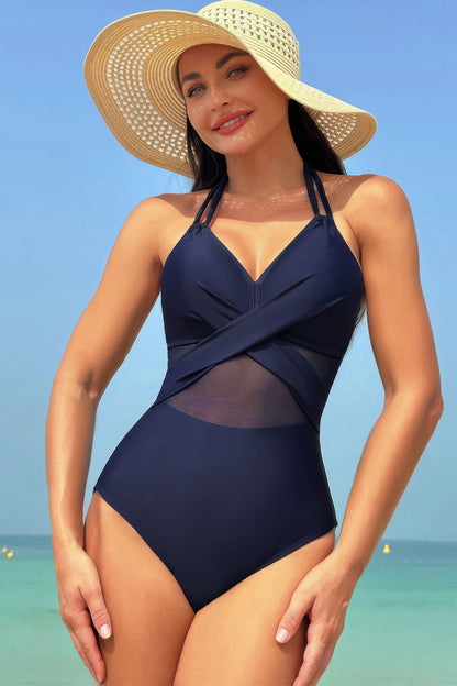 Color Block Halter Cross Lace One Piece Swimsuit - Tigbul's Variety Fashion Shop