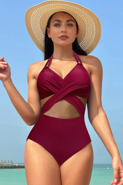 Color Block Halter Cross Lace One Piece Swimsuit - Tigbul's Variety Fashion Shop