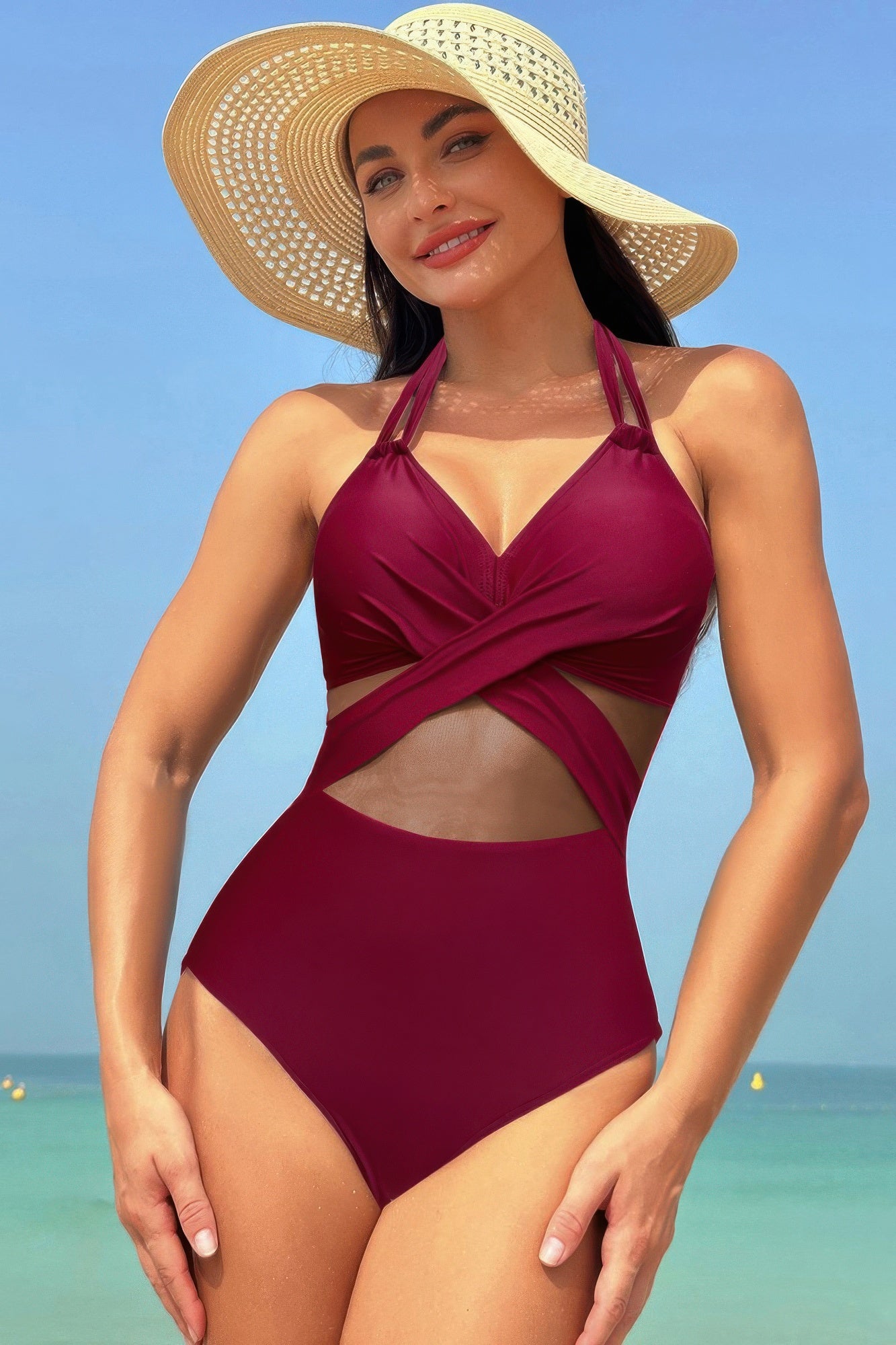Color Block Halter Cross Lace One Piece Swimsuit - Tigbul's Variety Fashion Shop