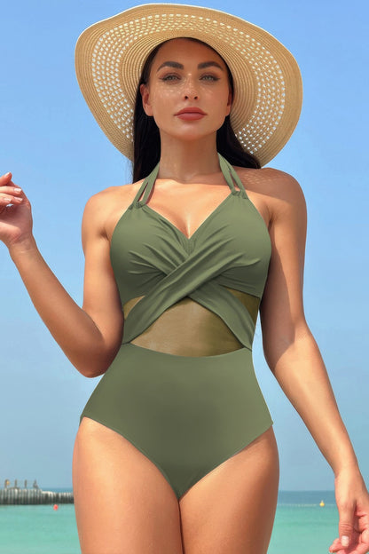 Color Block Halter Cross Lace One Piece Swimsuit - Tigbul's Variety Fashion Shop