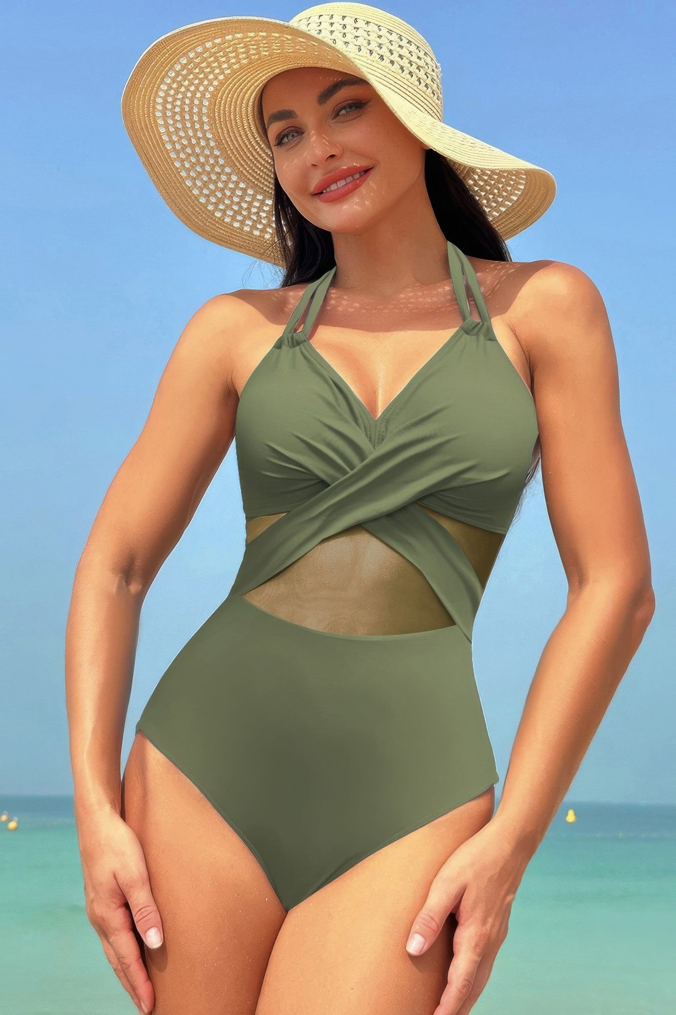 Color Block Halter Cross Lace One Piece Swimsuit - Tigbul's Variety Fashion Shop