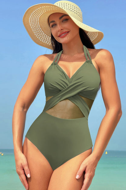 Color Block Halter Cross Lace One Piece Swimsuit - Tigbul's Variety Fashion Shop