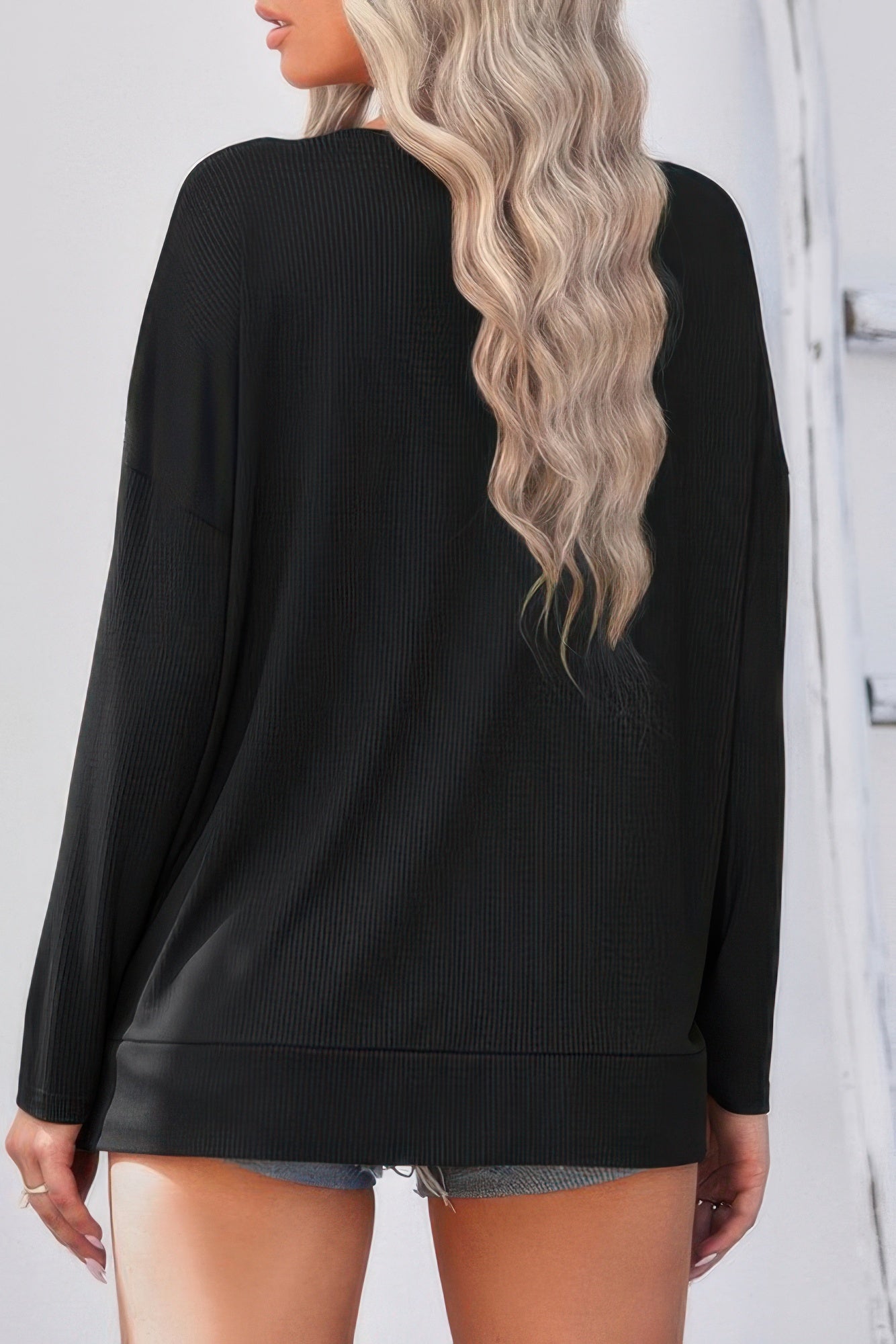 Solid Drop Shoulder V Neck Split Long Sleeve Blous - Tigbul's Variety Fashion Shop