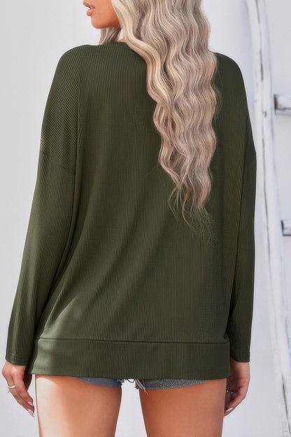 Solid Drop Shoulder V Neck Split Long Sleeve Blous - Tigbul's Variety Fashion Shop
