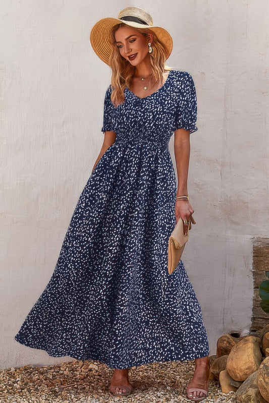 Allover Print Puff Sleeve Ruched Shirred Dress - Tigbul's Variety Fashion Shop