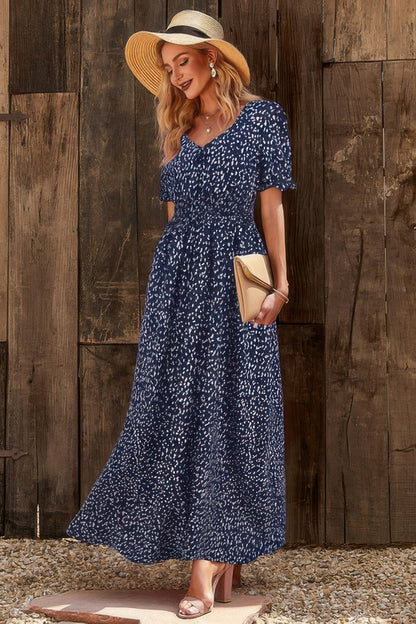 Allover Print Puff Sleeve Ruched Shirred Dress - Tigbul's Variety Fashion Shop