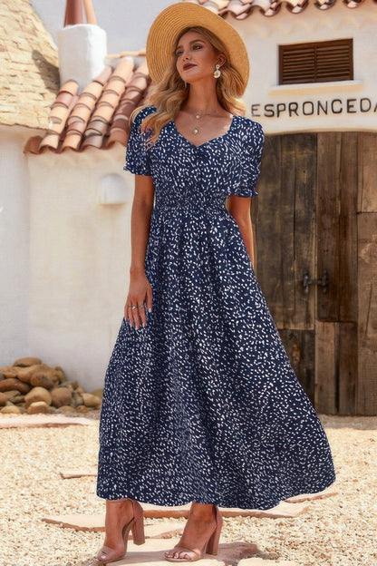 Allover Print Puff Sleeve Ruched Shirred Dress - Tigbul's Variety Fashion Shop
