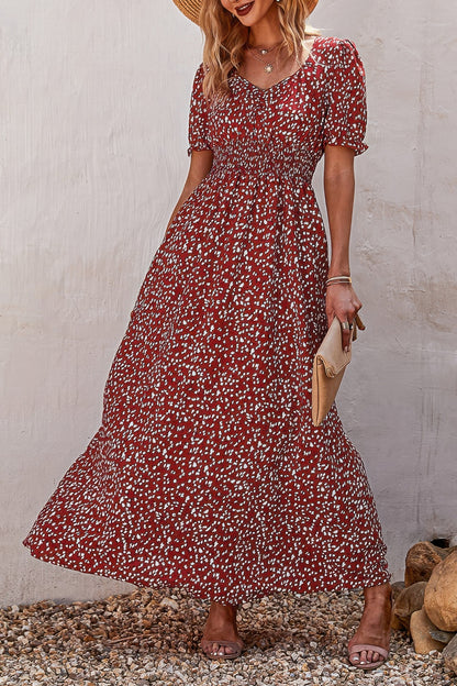 Allover Print Puff Sleeve Ruched Shirred Dress - Tigbul's Variety Fashion Shop