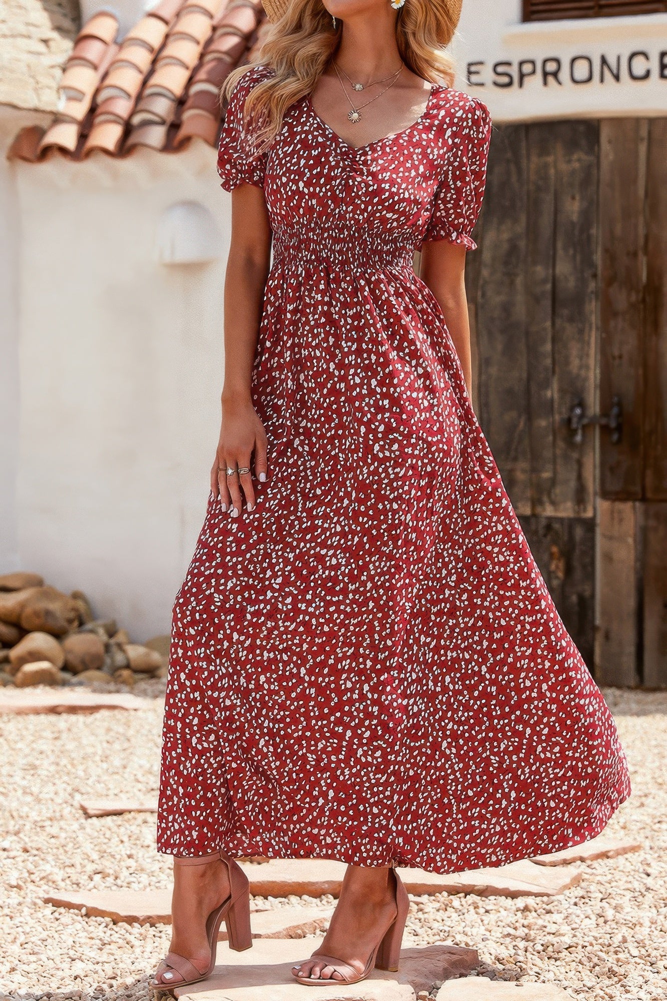 Allover Print Puff Sleeve Ruched Shirred Dress - Tigbul's Variety Fashion Shop