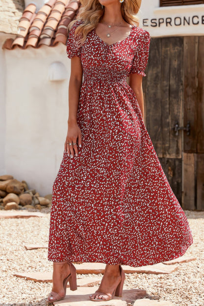 Allover Print Puff Sleeve Ruched Shirred Dress - Tigbul's Variety Fashion Shop