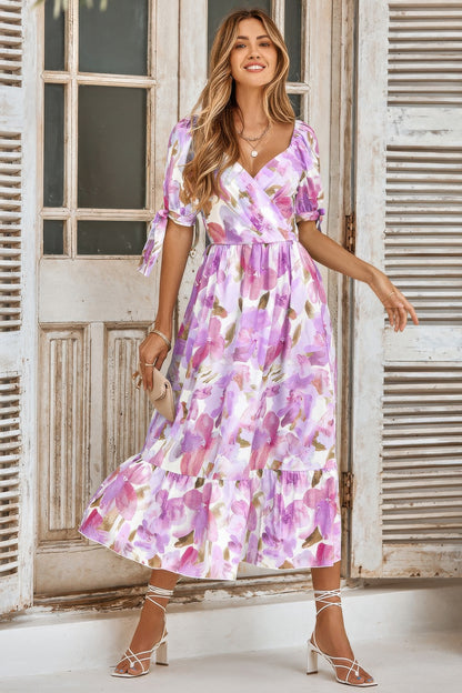 Floral Paint Short Sleeve Tie Cuff Surplice Dress - Tigbul's Variety Fashion Shop