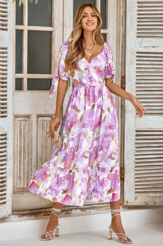 Floral Paint Short Sleeve Tie Cuff Surplice Dress - Tigbul's Variety Fashion Shop