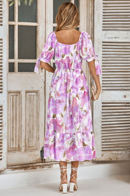 Floral Paint Short Sleeve Tie Cuff Surplice Dress - Tigbul's Variety Fashion Shop