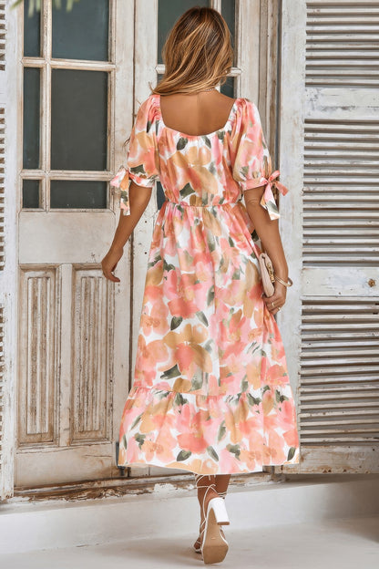 Floral Paint Short Sleeve Tie Cuff Surplice Dress - Tigbul's Variety Fashion Shop