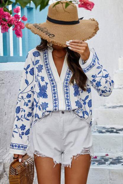 Floral Print Notched Collar V Neck Shirt - Tigbul's Variety Fashion Shop