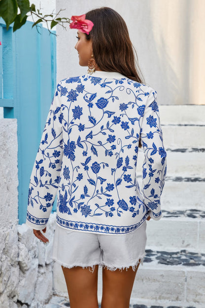 Floral Print Notched Collar V Neck Shirt - Tigbul's Variety Fashion Shop