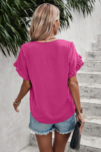 Ruffle Solid V Neck Short Sleeve Tunic Shirt - Tigbul's Variety Fashion Shop