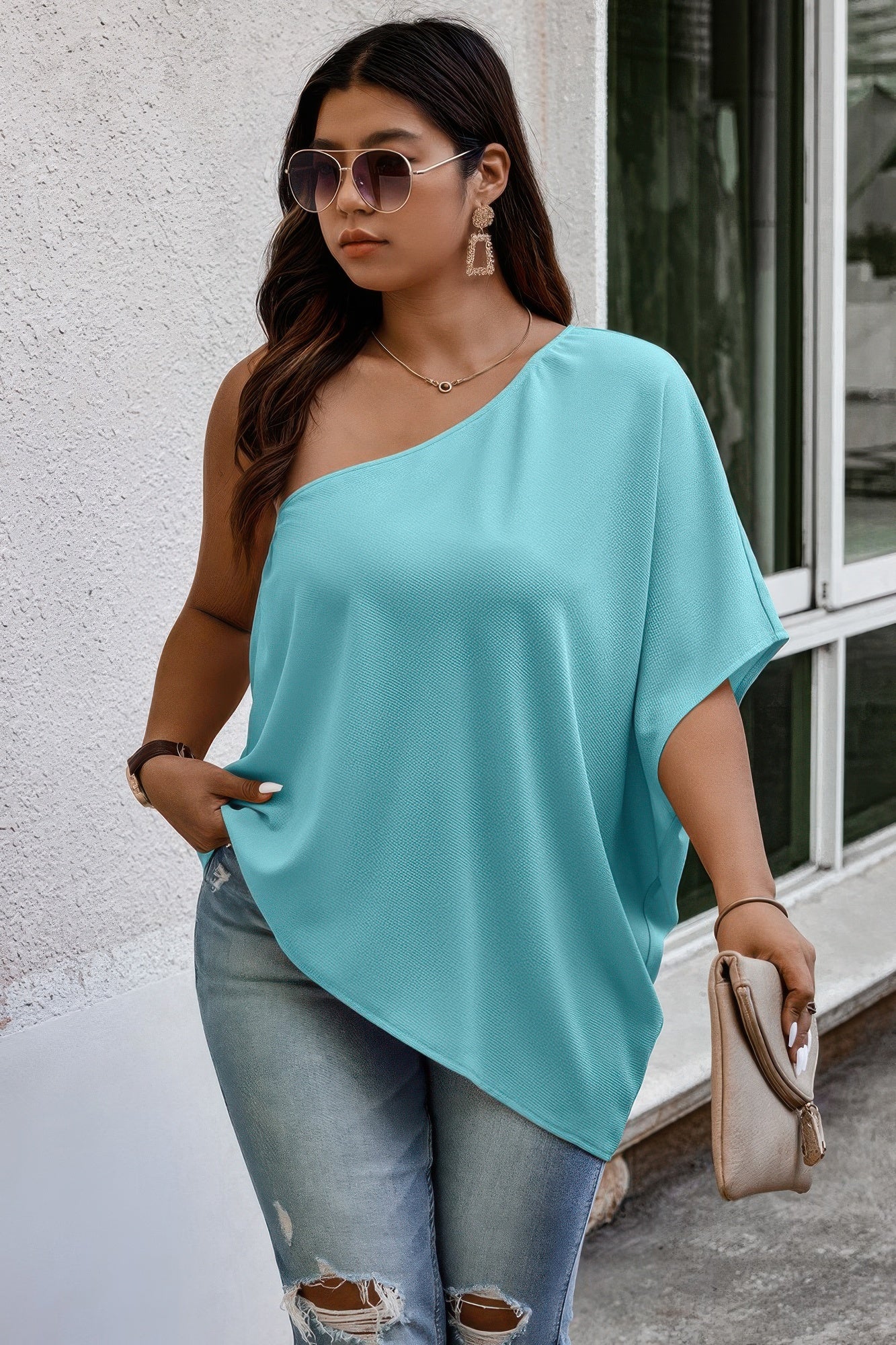 Plus One Shoulder Solid Casual Loose Fit Shirt - Tigbul's Variety Fashion Shop