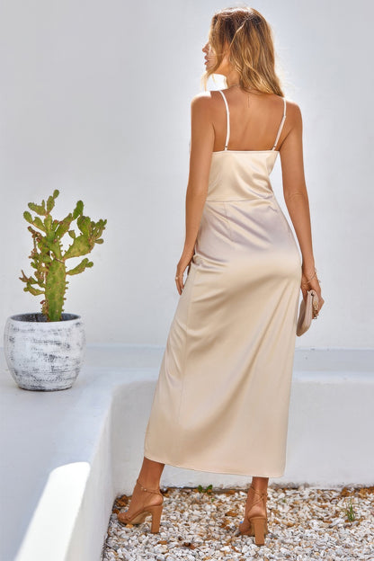 Spaghetti Strap Cowl Neck Split Midi Slit Dress - Tigbul's Variety Fashion Shop