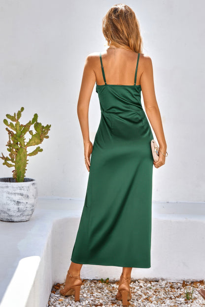 Spaghetti Strap Cowl Neck Split Midi Slit Dress - Tigbul's Variety Fashion Shop