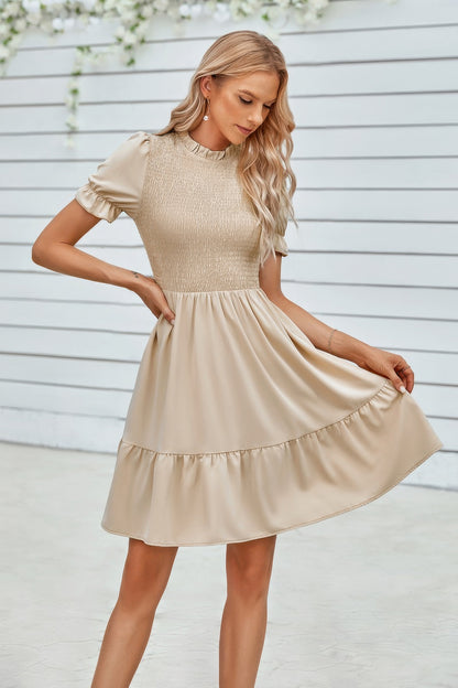 Solid Puff Sleeve Shirred Detail Ruffle Hem Dress - Tigbul's Variety Fashion Shop