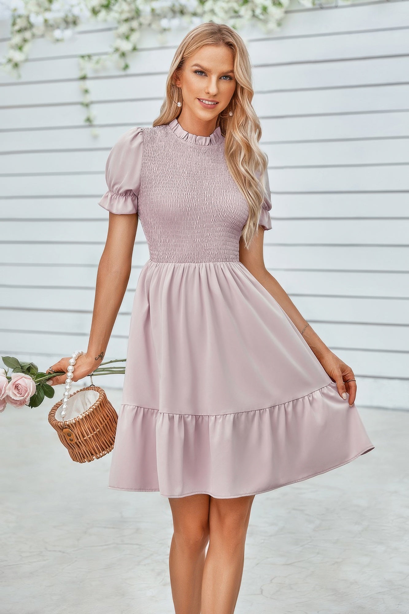 Solid Puff Sleeve Shirred Detail Ruffle Hem Dress - Tigbul's Variety Fashion Shop